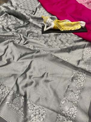 NEW KANCHIPURAM SILK SAREE IN HOT GREY COLOR WITH AMAZING BUTTAS OF SILVER ZARI