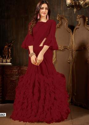 NEW ROOHI RUFFLE VOL-2 GEORGETTE SAREE IN BERRY RED COLOR