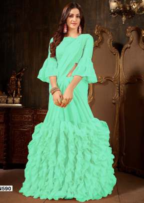 NEW ROOHI RUFFLE VOL-2 GEORGETTE SAREE IN LIGHT RAMA GREEN COLOR