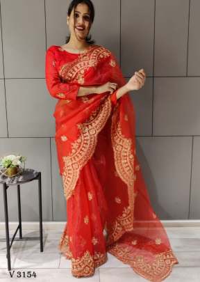 Organza Saree In Imperial Red Color By Surati Fabric