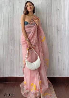 Organza Silk Saree In light peach Color By Surati Fabric