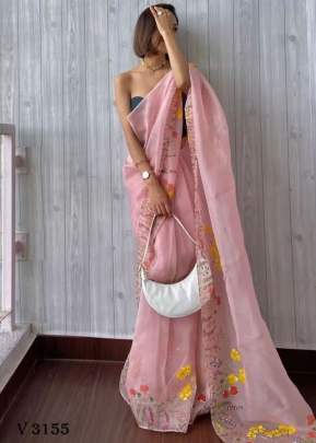 Organza Silk Saree In light peach Color By Surati Fabric