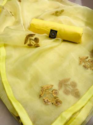 PURE ORGANZA Yellow Colour Saree