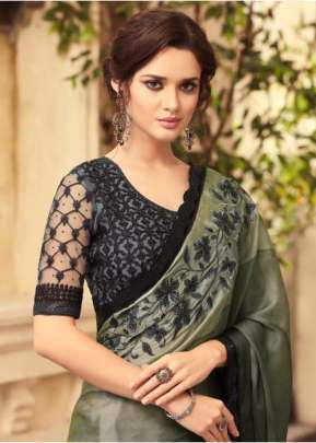  Party Wear Padding Work Flower Work Saree In Grey Color