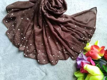 Pure Georget With White Moti Stone Brown Colour Saree