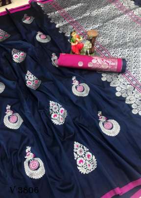 RIVAJ Designer Lichi Silk Saree In Navy Blue Color By Surati Fabric 