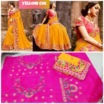  Rangoli silk  yellow saree with embroidery work 