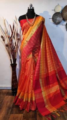 Raw Silk Saree Orange Red