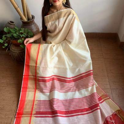 Raw Silk With Khadi Weaving Pallu  n Zari Satin Cream