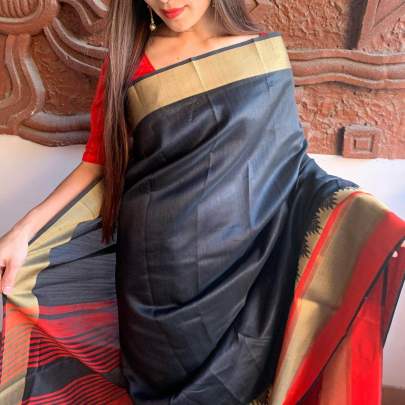 Raw Silk With Khadi Weaving Pallu  n Zari Satin Black