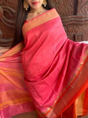 Raw Silk With Khadi Weaving Pallu  n Zari Satin Light Peach