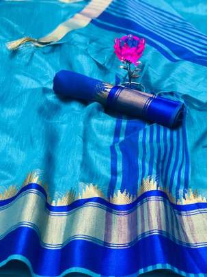 Raw Silk With Khadi Weaving Pallu  n Zari Satin Sky