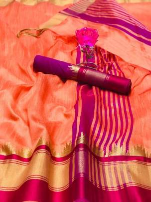 Raw Silk With Khadi Weaving Pallu  n Zari Satin Peach