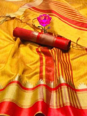 Raw Silk With Khadi Weaving Pallu  n Zari Satin Yellow