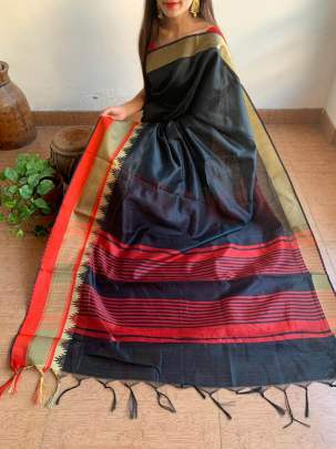 Raw Silk With Khadi Weaving Pallu  n Zari Satin Black