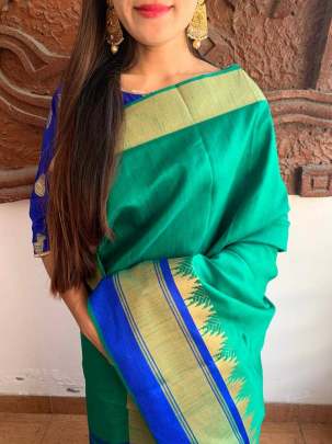 Raw Silk With Khadi Weaving Pallu  n Zari Satin Green