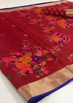 Red Colour Pure Jamadani Weaving Saree With Zari Border