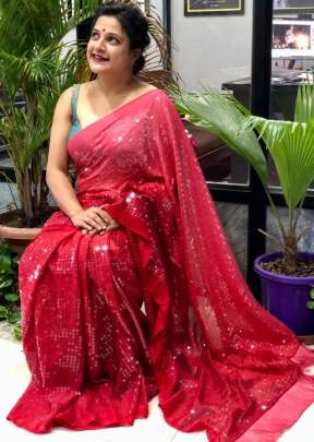 Red Saree In Sequence Queen Collection