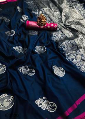 Riyaz Designer Lichi Silk Saree In Navy Blue Color By Surati Fabric 