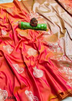 Riyaz Designer Lichi Silk Saree In Peach Color By Surati Fabric 