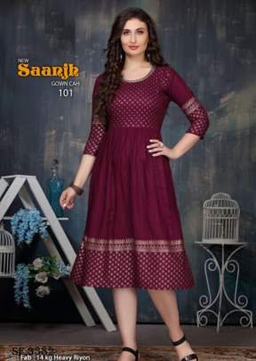 SAANJH  Gold Foil Printed Kurti In 8 Design By Beauty Queen