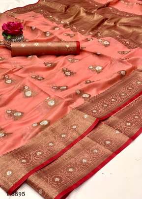 SAMDHAN Organza Saree In Peach Color By Surati Fabric 