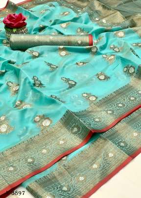 SAMDHAN Organza Saree In Sky Color By Surati Fabric 
