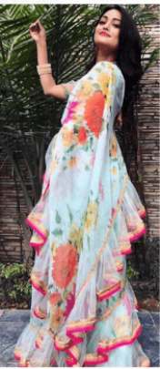 SIMPLE KD S GEORGETTE RUFFLE SAREE WITH DIGITAL PRINT