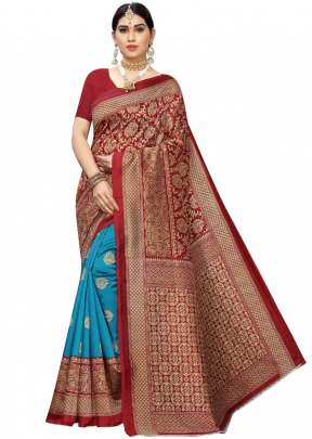 SKY BLUE & RED COLOR ART SILK PRINTED SOLID DESIGN WITH  BORDER