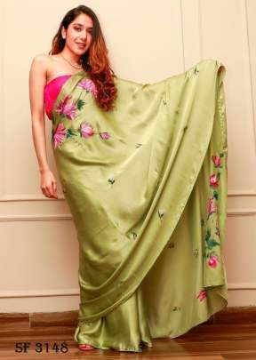 Satin silk saree In Pista Color By KD