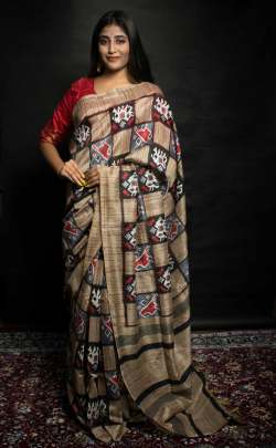 Semi Cotton Silk Black   Grey Colour Saree