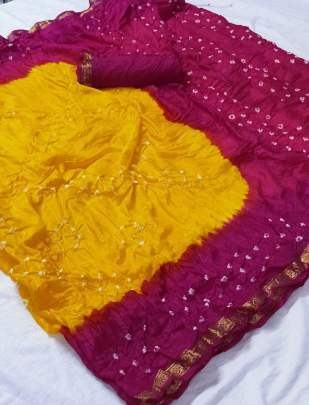 Silk With Zari Pati New Bandhani Yellow