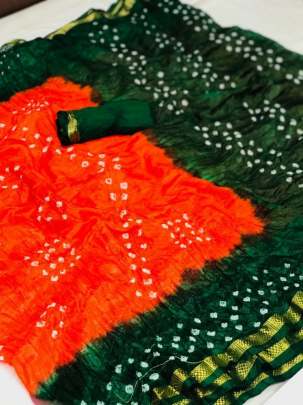 Silk With Zari Pati New Bandhani  Orange 