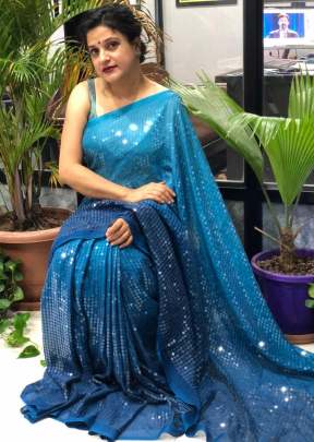 Sky Blue Saree In Sequence Queen Collection