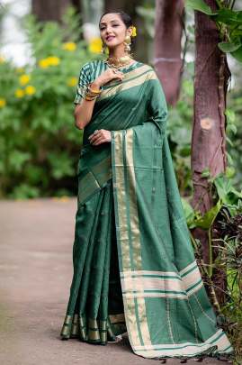 Soft Raw Silk Weaving Green Colour Saree