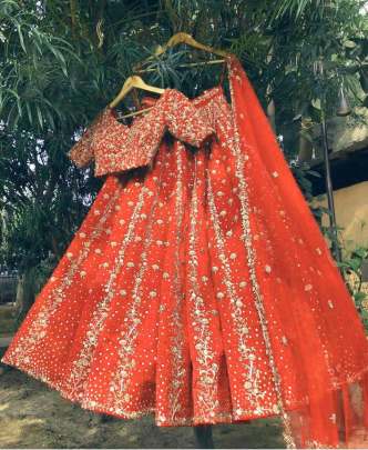 TAFFETA SILLK WITH EMBROIDERY WORK WITH RIVET MOTI WORK LEHNGHA