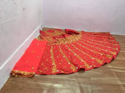 TAFFETA SILLK WITH EMBROIDERY WORK WITH RIVET MOTI WORK LEHNGHA