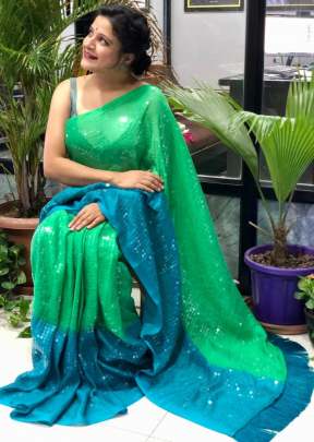 Tree Green With Sky Blue Bottom Padding Saree In Sequence Queen Collection