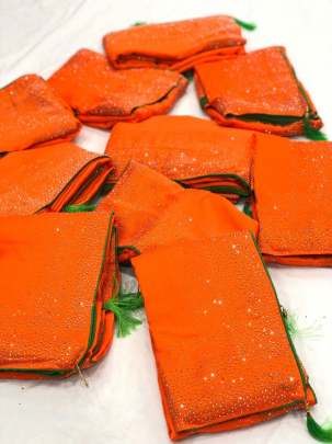 Vichitra Silk Orange and Green Colour Saree