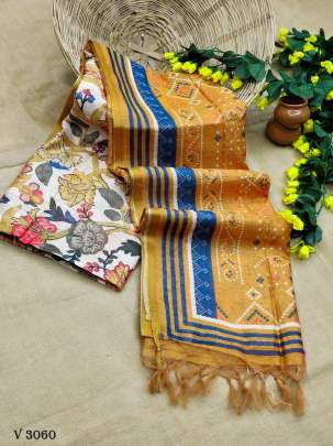 Yellow And White Color Zara Linen Cotton Printed Saree