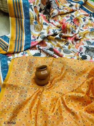 Yellow And White Color Zara Linen Cotton Printed Saree