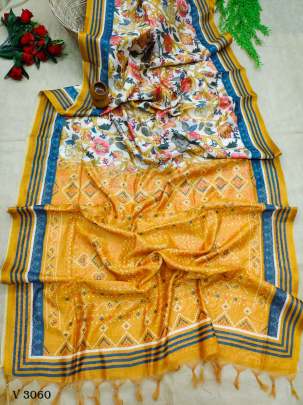 Yellow And White Color Zara Linen Cotton Printed Saree