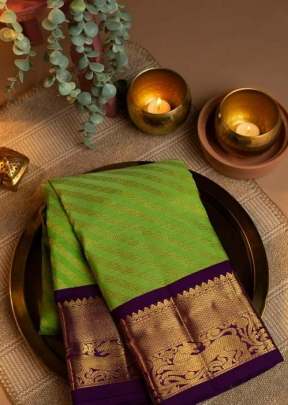 Zelegant Leriya Kanchipuram Silks Parrot Green Color Saree