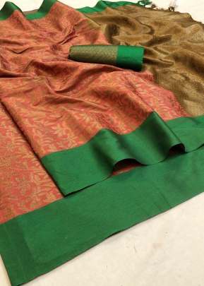 Zoya Orijnal Varanasi Cotton Silk Orange And Green Color Saree