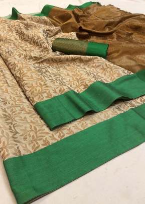 Zoya Orijnal Varanasi Cotton Silk Off White And Light Green Color Saree