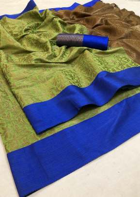 Zoya Orijnal Varanasi Cotton Silk Mehndi And Blue Color Saree