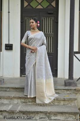 All Over Fine Zari Pure Soft Tussar Silk Saree in Light Grey