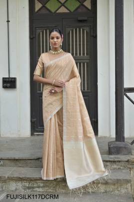 All Over Fine Zari Pure Soft Tussar Silk Saree in Dark Cream