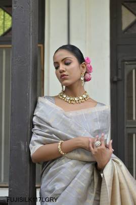 All Over Fine Zari Pure Soft Tussar Silk Saree in Light Grey