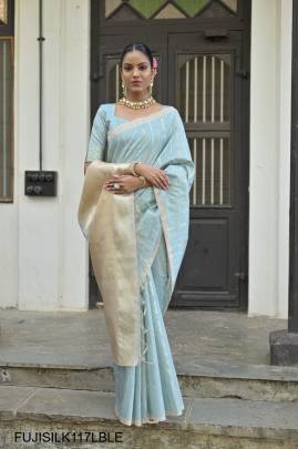 All Over Fine Zari Pure Soft Tussar Silk Saree in Light Blue